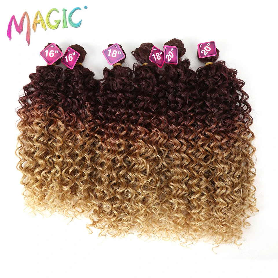 Syntetyczne Afro Kinky kręcone włosy blond 16-20Inch 7 sztuk/lot syntetyczne przedłużanie włosów 6Pieces z zamknięciem koronki dla czarnych kobiet -