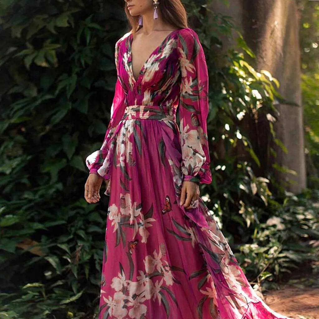 Женское платье с вышивкой, модное богемное платье с цветочным принтом, очаровательное платье с v-образным вырезом и длинным рукавом, плиссированное шифоновое платье принцессы, Saia