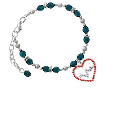 Silvertone Large Red Crystal Heart with Clear Heartbeat Navy Blue Beaded Bracelet