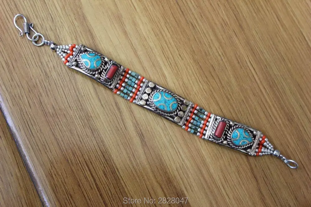 BR019 Ethnic Tibetan Copper Inlaid Colorful Stone 15mm Wide Clasp Bracelet Handmade Nepal Jewelry BR019 Ethnic Tibetan Copper Inlaid Colorful Stone 15mm Wide Clasp Bracelet Handmade Nepal Jewelry