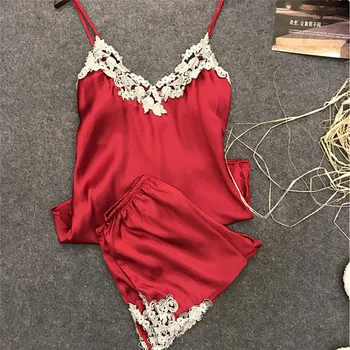 

Women Sexy Lingerie Satin Lace Nightwear V-neck Sexy Sleepwear Women Pajamas Set