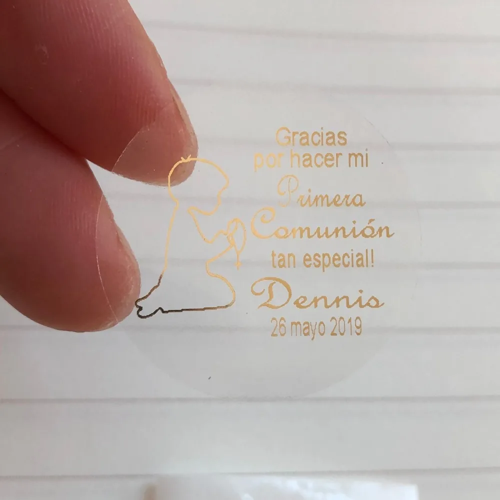 

30 Boys Personalised 1ST First holy communion thank you favor stickers confirmation envelop gold seal transparent label