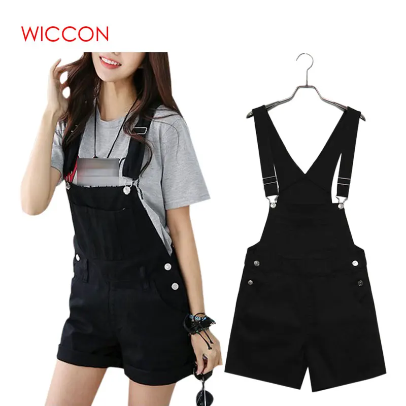 

Women Summer Denim Shorts Overalls Casual Loose Slim Denim Candy Color Pockets Straps Shorts