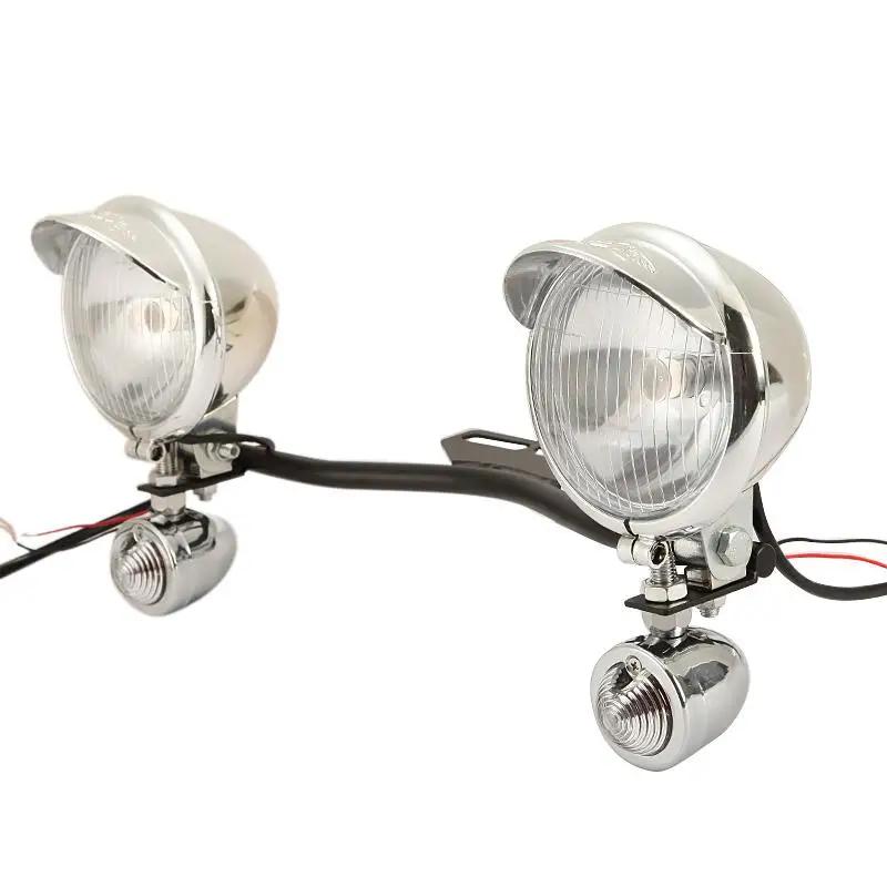 2x Chrome Motorcycle 12V LED Headlight Steel Light Bar Kit With Passing