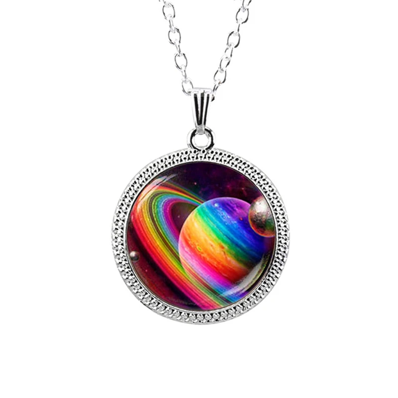 

Rainbow Galaxy Design Round Pendant Necklace Women Vintage Metal Glass Charms Long Chain LGBT Jewelry Fashion Statement collares