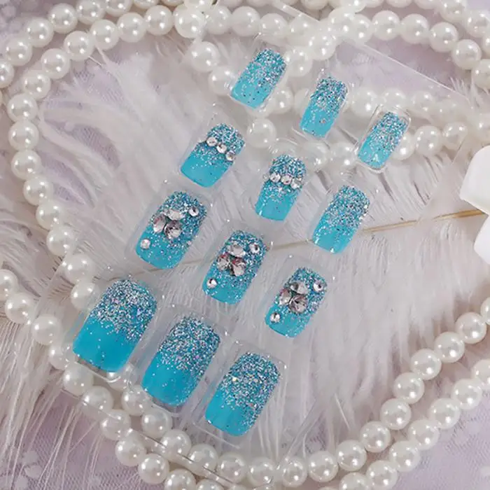 Дамы полное покрытие ногтей советы с клеем девушки блестящие стразы блеск накладные ногти DIY мода синий цвет поддельные ногти 24 шт