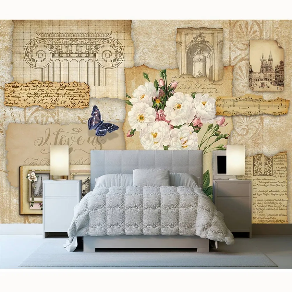 Vintage Paper Wall Mural Rose Flower Photo Papers Living Room Bedroom Papel De Parede 3D Self Adhesive Vinyl/Silk Wallpaper |