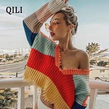 QILI New Multicolor Stripes Sweater Women Low Chest Deep V-neck Irregular Front And Rear Wear Fashion Lash Pullovers Sweater Top QILI New Multicolor Stripes Sweater Women Low Chest Deep V-neck Irregular Front And Rear Wear Fashion Lash Pullovers Sweater Top
