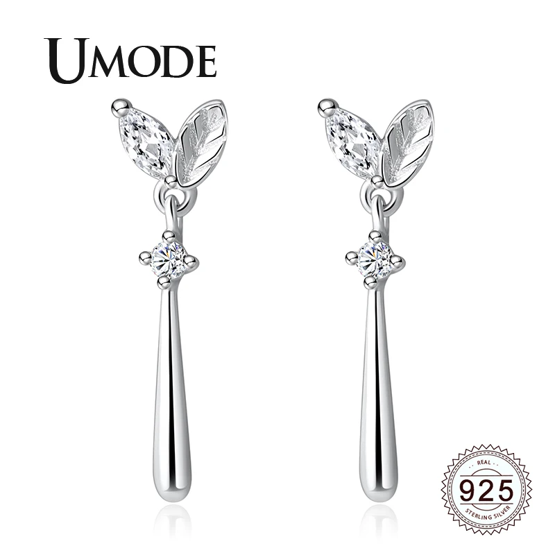 

UMODE 2019 New 925 Sterling Silver Leaf Drop Earrings for Women White Gold Clear Zircon Crystal Jewelry Boucle D'oreille ALE0627