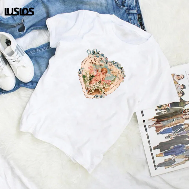 LUSLOS with love and devotion Angel Print T Shirt Women Summer Short Sleeve White Casual O-neck Tshirt Female Harajuku T-shirts | Женская
