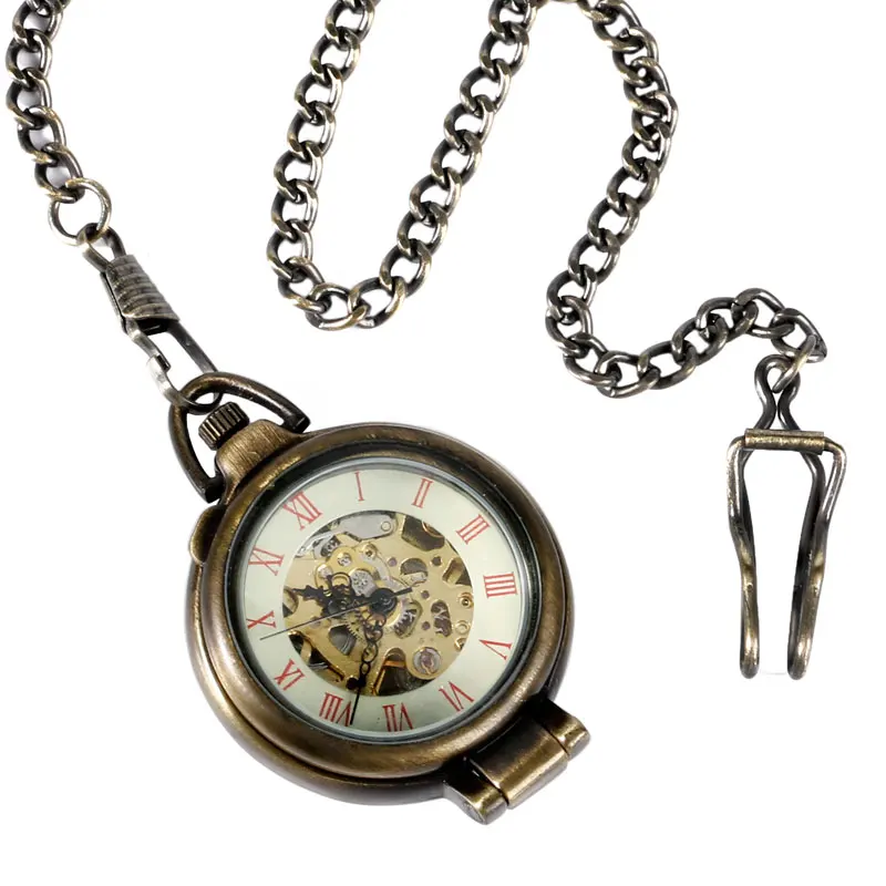 

Steampunk Trendy Fob Mechanical Pocket Watch Hand Winding Bronze Vintage Standing Case Skeleton Pendant Men Women Xmas Gift Hour
