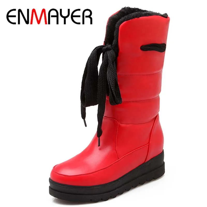 

ENMAYER Big Size 34-43 Advanced PU Soft Leather Mid-Calf Round Toe Lace-Up Boots For Women 4-color New Fashion Boots