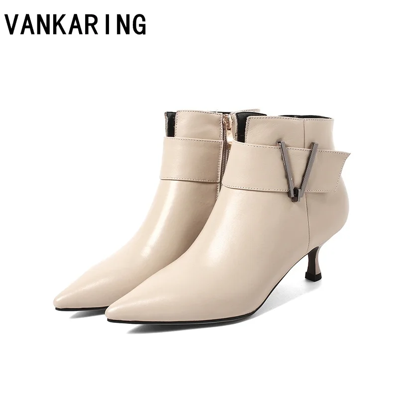 

VANKARING women boots high heels genuine leather sexy ladies high heel ankle boots black pointed toe riding boots shoes woman