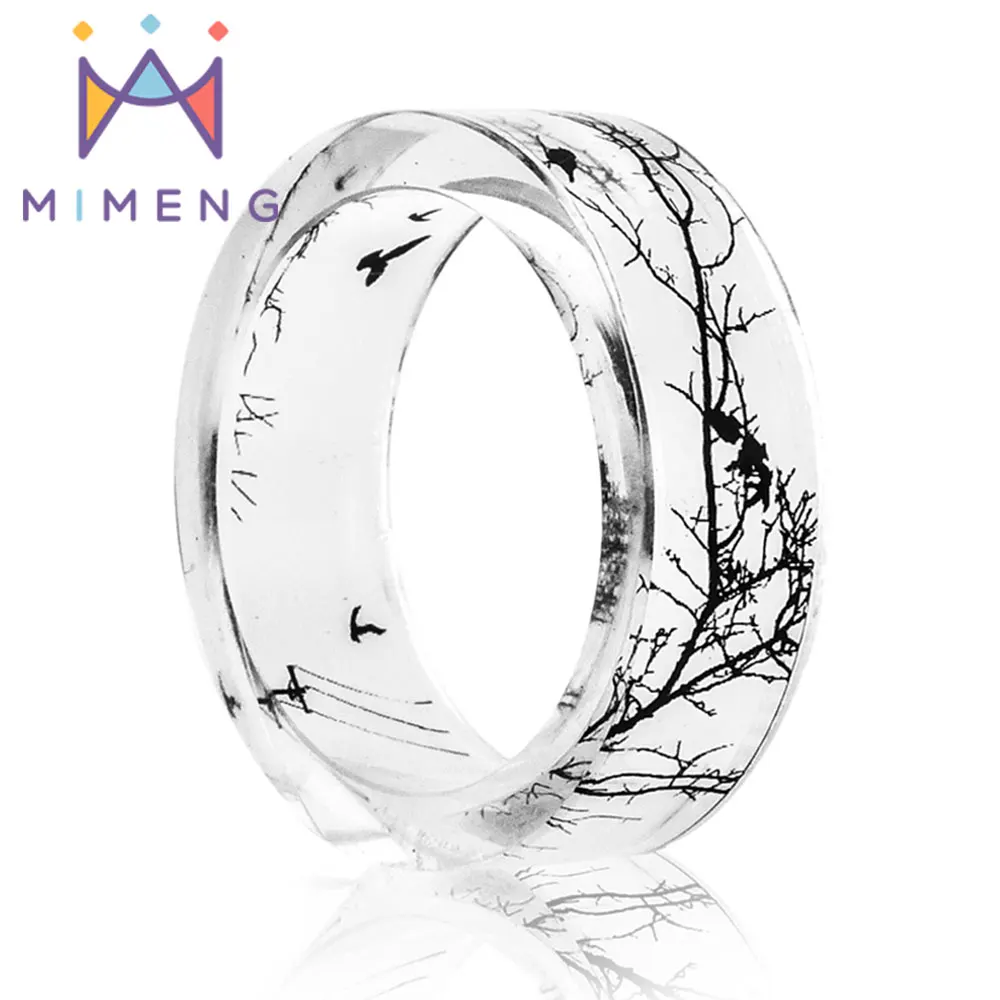 

Unique Landscape painting Design Clear Resin Ring for man & women Tree Branch and Bird Anel Finger Ring Dry Flower Jewelry