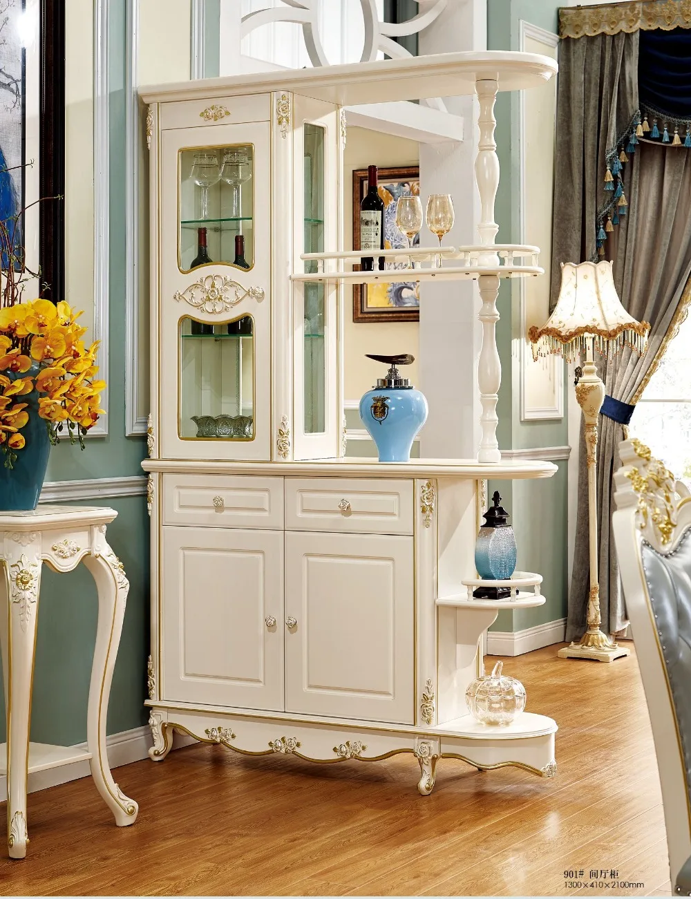 hot sale luxury solid wood Dining Table and dining chairs furniture Sets with wine cabinet