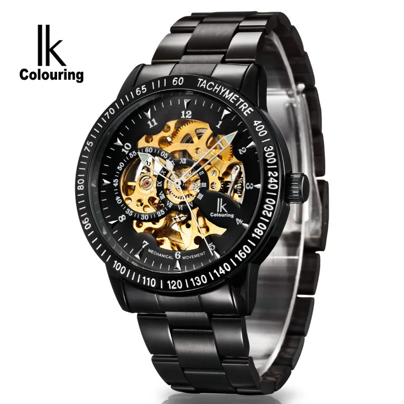 

2017 IK Colouring Fashion Horloge Men's Skeleton Watch Auto Mechanical Stainless Steel Watches Wristwatch Gift Box Free Ship
