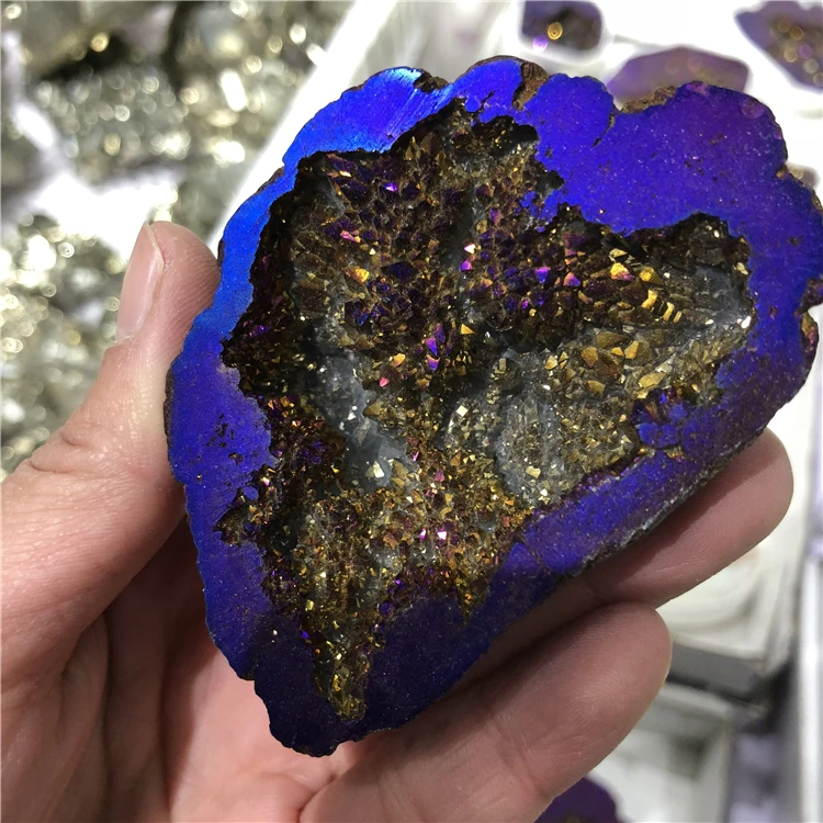 

DHX SW top quality rainbow titanium coated geode cornucopia rock shiny electroplating geode reiki healing quartz crystal stone