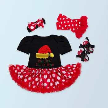 

4PCs per Sets Infant Girl Clothes Short Sleeves Black Baby Girl My 1st Christmas Dress Shoes Leggings Headband