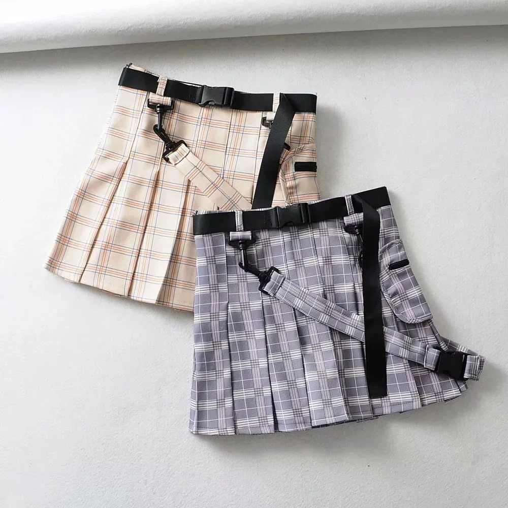 Plaid Pleated Skirt Summer Women Retro Plaid Satchel with Skirts Faldas Mujer Moda 2019 Shein