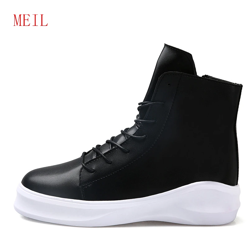 buy Thick Sole Men Casual Shoes High Top Lace Up Fashion Man Leisure Black Leather Shoes Hip Hop Zapatos Mens White Leather Sneakers