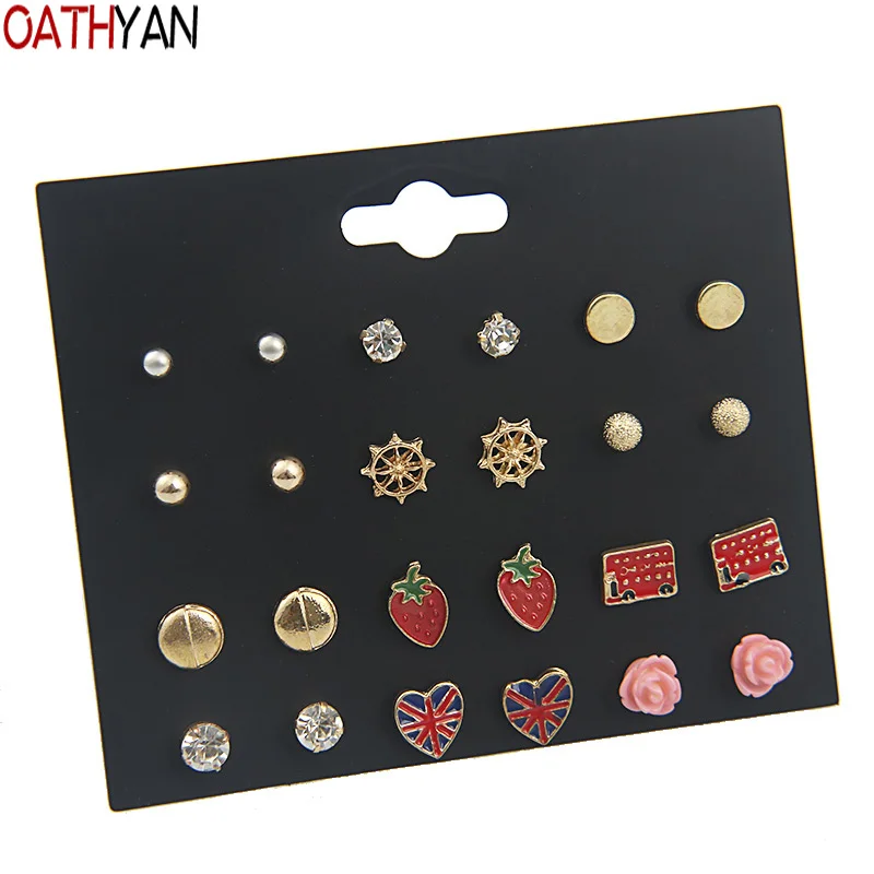 OATHYAN 12 пар/компл. женские серьги-гвоздики с клубничной эмалью набор смешанные