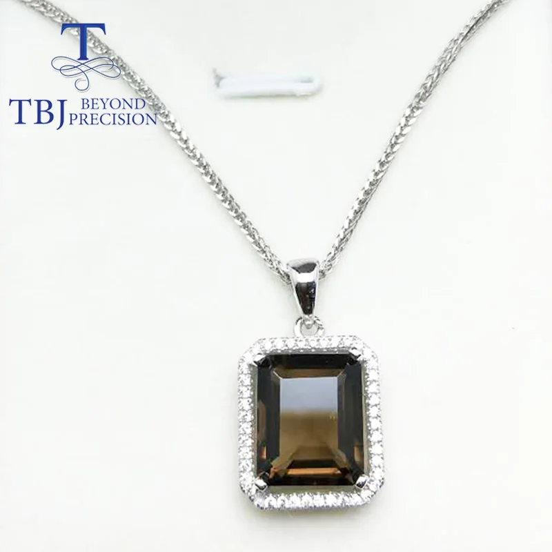 

TBJ , BIG emerald cut smoky pendants with leather cord necklace in 925 sterling silver with gift box