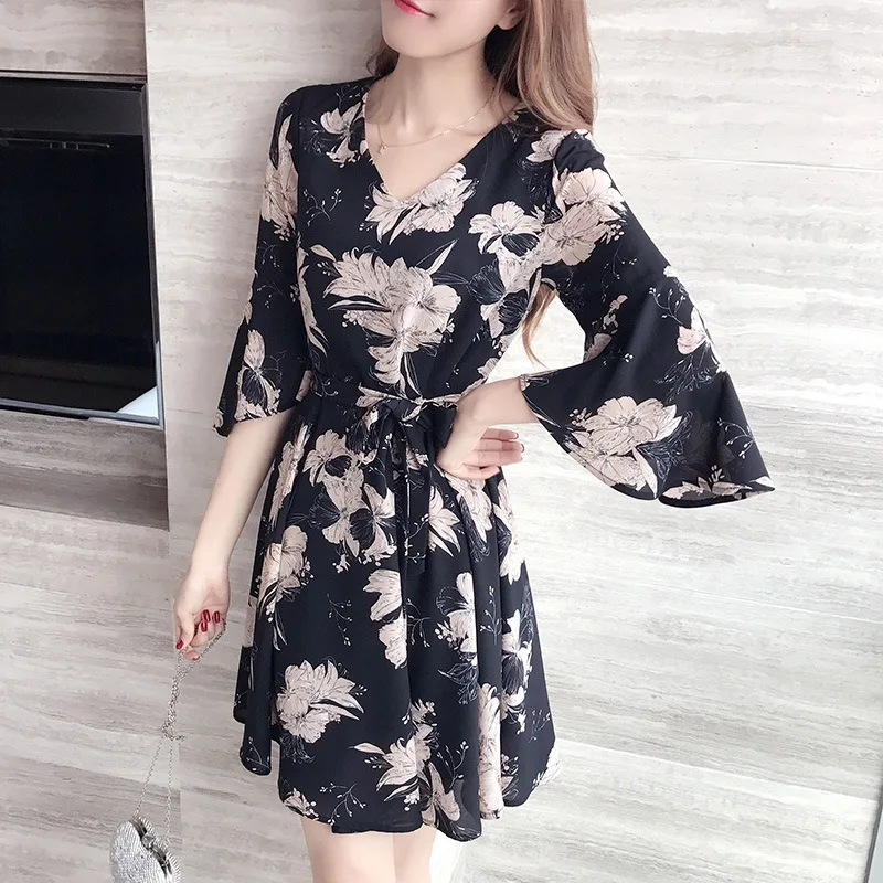 Women Summer Dress Flower Print Girl Dresses Waist With Bow New Fashion V-neck Elegant Slim Thin Chiffon Lady Dress S-2XL