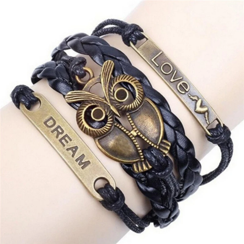 

1PCS Multi-Layer PU Leather Bangle Bronze Owl Wristband Bracelet For Woman Man Gift Party Jewelry Artificial