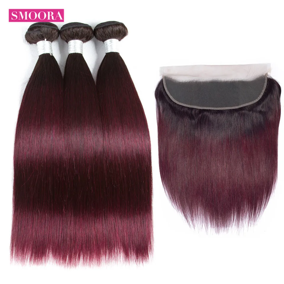 

Ombre Bundles with Lace Frontal Closure Brazilian Straight Human Hair Weave 3 Bundles with Frontal 2 Tone Color Non Remy Smoora