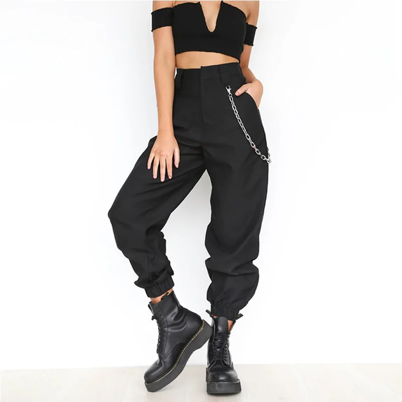 

Women Black Hip Hop Chains High Waist Long Joggers Pants Trousers Loose Female Pants 2019 Summer Fashion Streetwear Lady Buttoms