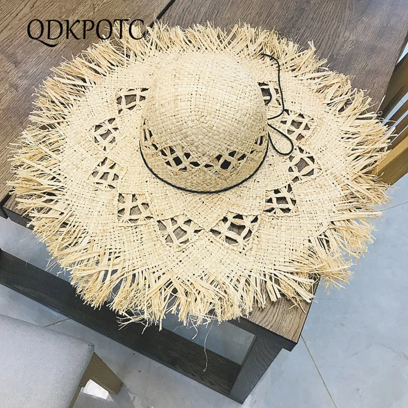 

2019 Wide Brim Straw Hats Women Hollow Out Beach Sunhat Ladies Retro Sun Hats Elegant Fluff Floppy Spring Summer Caps QDKPOTC