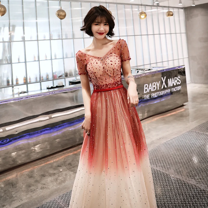 Градиент цвета Спагетти ремень Qipao женские кружева сексуальные элегантные роскошные изысканные Вечерние Длинное нарядное платье Rhinestone Robe