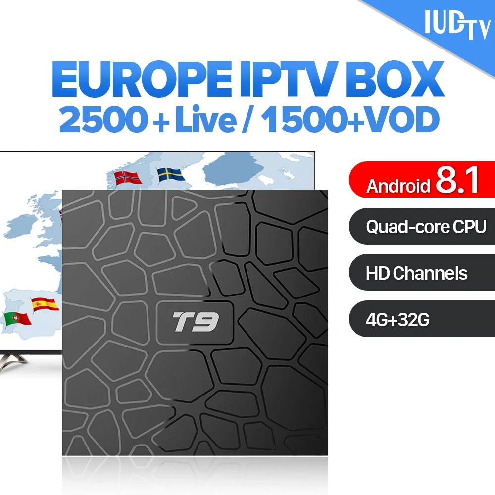 

IPTV Spain Italy Android 8.1 IP TV Media Player T9 4G 32G RK3328 2.4G wifi with IUDTV IPTV Code 1 Year UK Germany Sweden IPTV