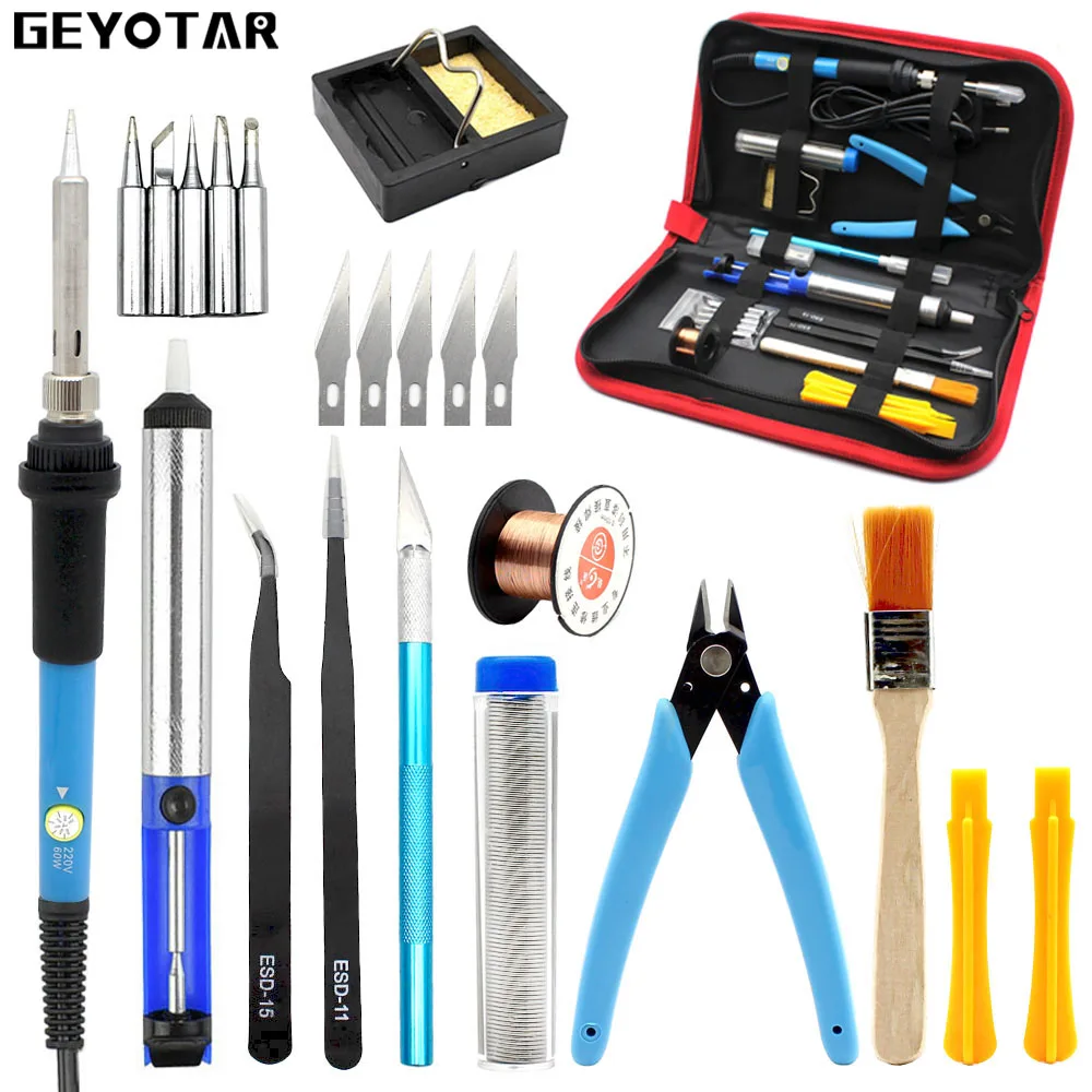 

Adjustable Temperature Electric Soldering Iron 220V 60W EU Plug Welding Tool 5pcs ironTips Desoldering Pump Solder Wire Tweezers