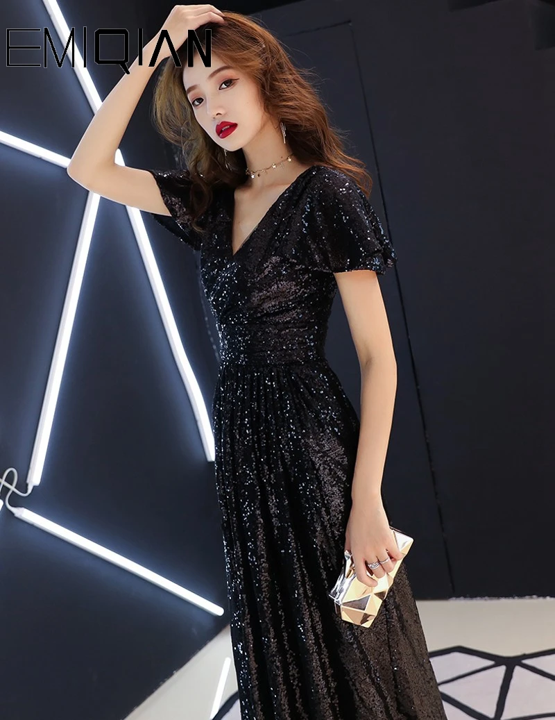 Расшитые блестками V шеи вечерние платья для банкета выпускного вечера A-line cap рукавом черное длинное вечернее платье