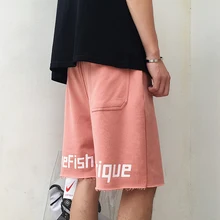 Летние корейские мужские повседневные свободные хлопковые шорты с буквенным принтом на спине, однотонные штаны с эластичной резинкой на талии длиной до колен, мужские S-2XL