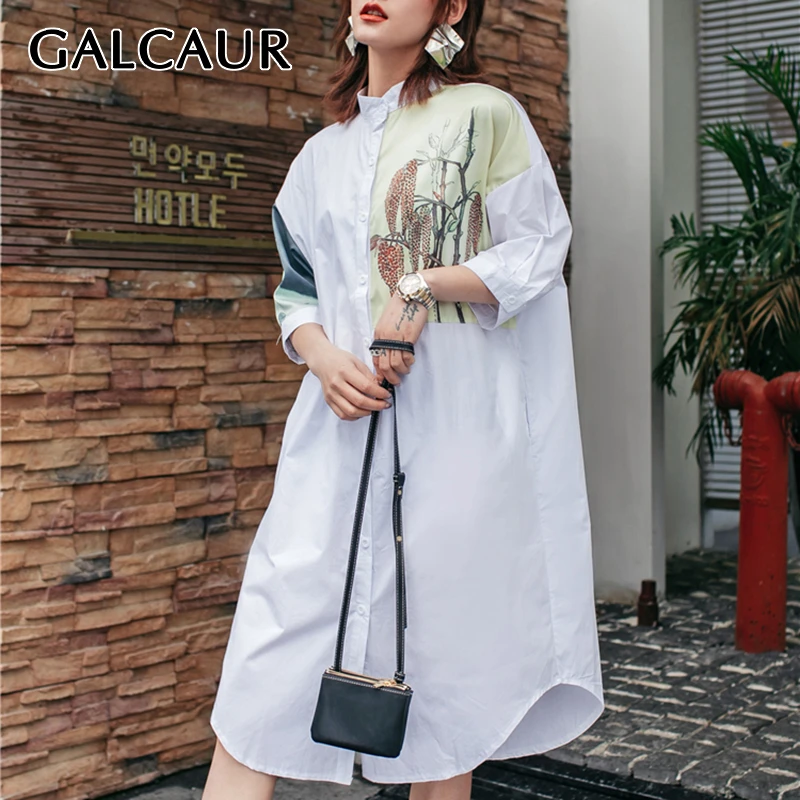 

GALCAUR Casual Print Shirt Dress For Women Lapel Collar Half Sleeve Loose Summer Dresses Female 2019 Fashion Clothing New