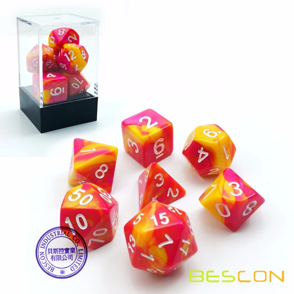 Bescon Gemini многогранные кости набор Sunglow, два тона ролевые игры в кости Набор из 7 d4 d6 d8 d10 d12 d20 d% коробка в форме лего-блока пакет