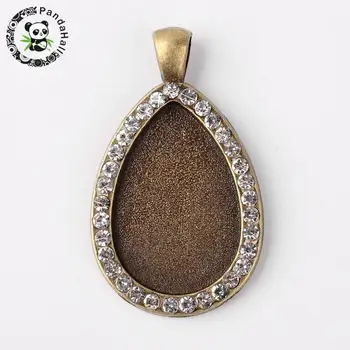 

Drop Tibetan Style Alloy Pendant Cabochon Settings, with Rhinestones, Nickel Free, Antique Bronze, Tray: 30x20mm; 45x27x3mm,