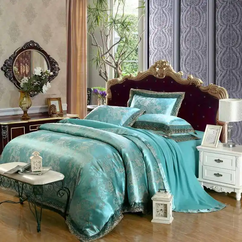 Blue Jacquard Satin Quilt/Duvet Covers 4pcs Luxury Lace Silk Bed Set Bedclothes Bedding sets Bed Linen Cotton Queen King Size