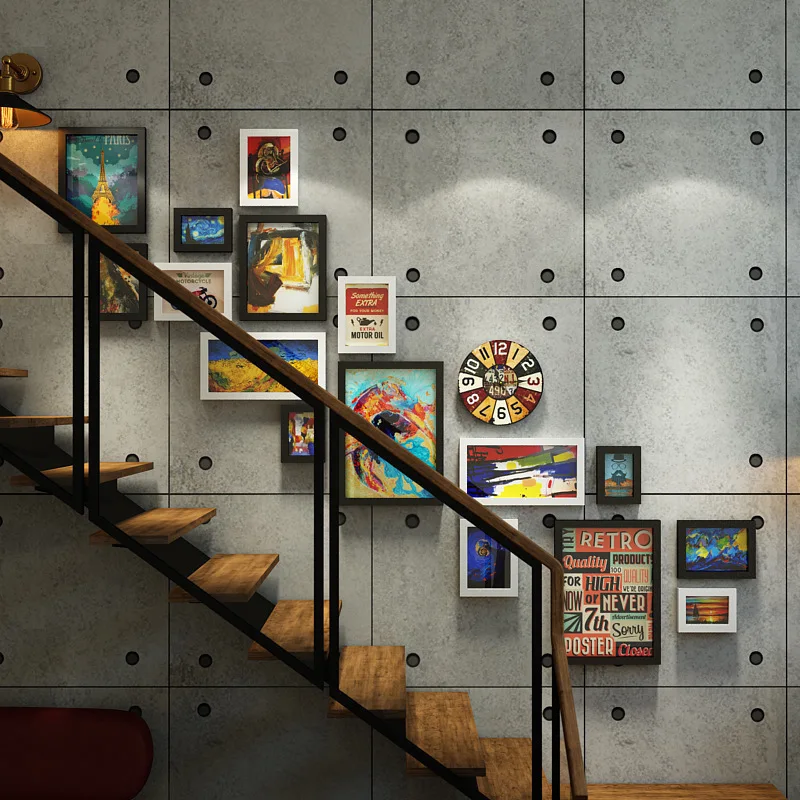 

Photo Wall Industrial Wind Frame Hanging Wall Staircase Ins Decorative Wall Combination Retro Photo Frame Murals Furnishing Gift