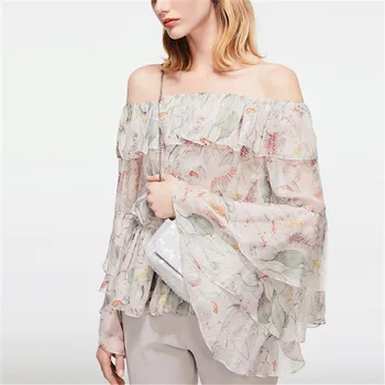 

High Quality Summer 2019 New Women Fashion Sexy Print Slash Neck Stitch Ruffles Chiffon Blouses