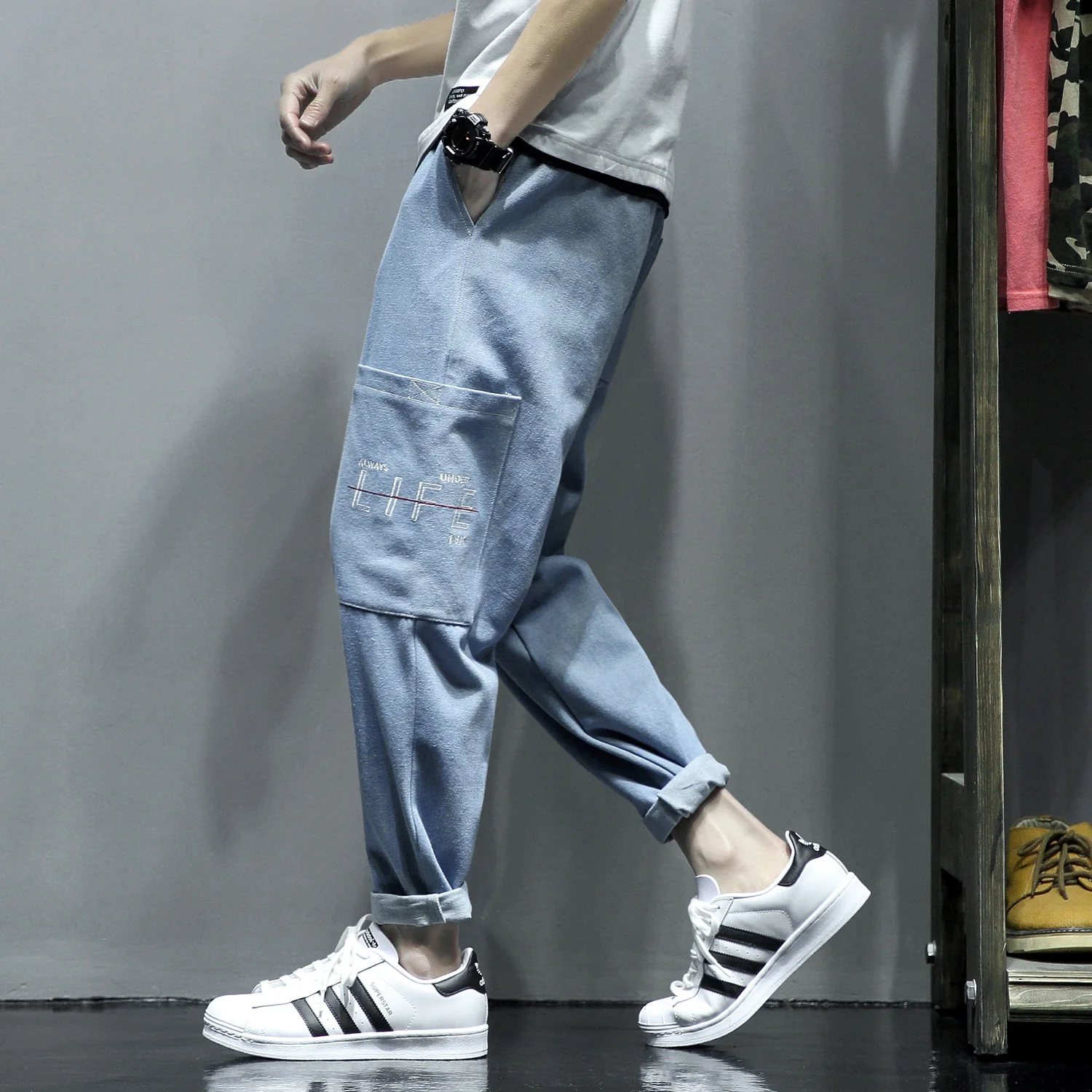 2019 весенние джинсы мужские корейские свободные трендовые брюки Hallen Gain Fat Pants Light-colored MC377