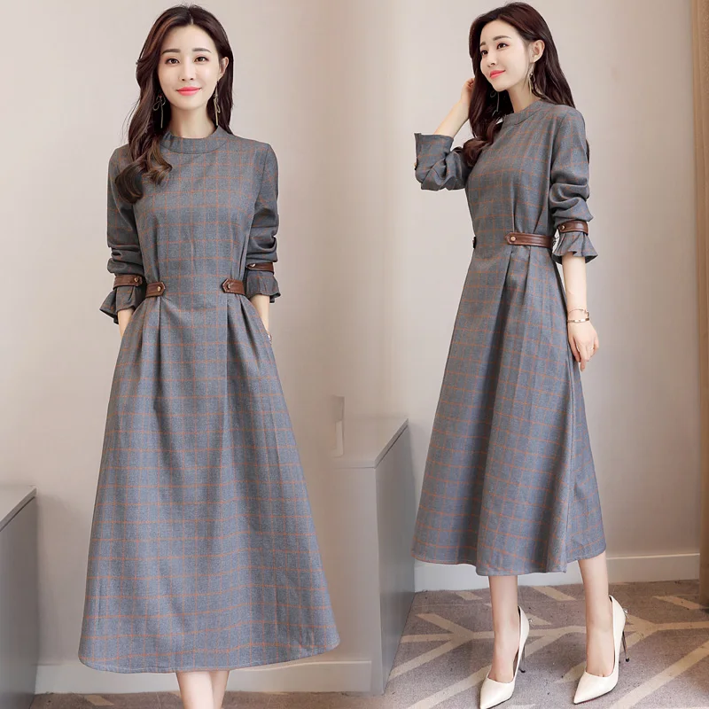 New Brand Spring Autumn Long Sleeve Plaid Dress Women Elegant Empire Pleated Dresses Elegant Office Work Vintage Long Dress