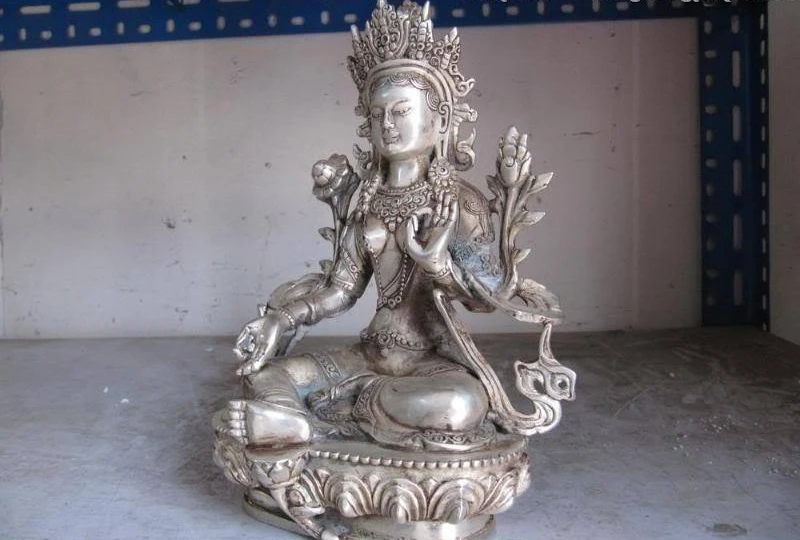 

8 Buddhism Silver Copper Green TaRa Kwan-Yin Guanyin Bodhisattva Buddha Statue