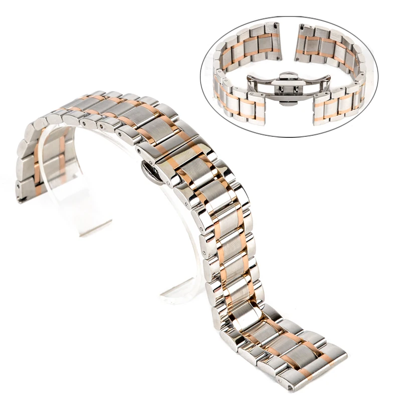 Shellhard New High Quality Silver Black Rose Gold Watchband Stainless Steel Butterfly Clasp Buckle Straight End Watch Band Strap