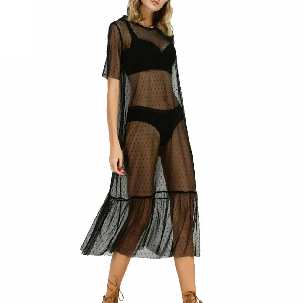 Для женщин короткий рукав прозрачные сетчатые вечерние Вечерние Длинное пляжное платье Лидер продаж; пикантная черная блузка - Цвет: Черный