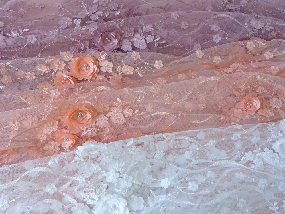 Персик/слоновая кость/сиреневый роскошный Tissu 3D цветок вышитая Тюлевая сетчатая кружевная ткань с жемчугом бисером свадебные шторы ткань