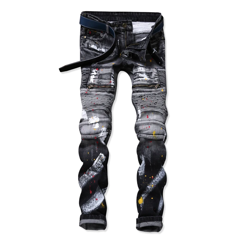 

The new fashion trend of micro hole elastic paint ink stitching of men's pants bag mail locomotive feet