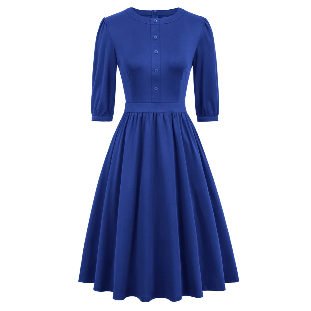 

Women's dresses 3/4 Puff Sleeves Crew Neck Buttons A-Line Dress elegant vintage summer party casual knee-length dresses ladies